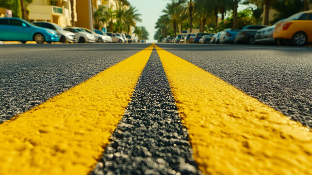 Low angle view of a road with vibrant yellow lines. Cars and palm trees line the sunny street.