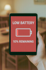 Person holds tablet displaying low battery warning with 10% remaining, set against blurred indoor background. red screen emphasizes urgency