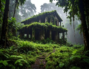 Abandoned house in a lush jungle