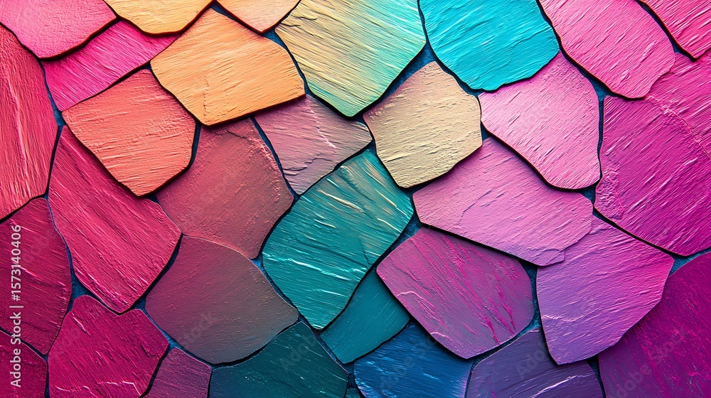 Poster a vibrant close-up of multi-colored, textured abstract shapes resembling painted wooden flakes arran