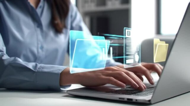 Woman Typing on Laptop with Digital Folders and Data Visualizations Overlay. Data Management, Technology, and Innovation Concept.