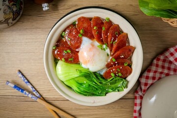 Homemade Rice with sweet Chinese sausage and Green Pakchoi,on sen egg © Meowwelove