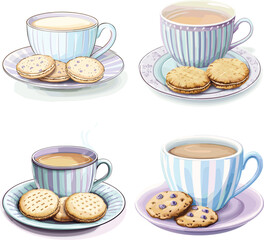 A Light Blue And Lavender Striped Teacup On Matching Plate Accompanied By Three Buttery Cookies vector style on white background