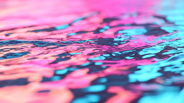 Close-up of water surface reflecting vibrant pink and blue lights, creating a colorful, abstract rippled pattern. - Powered by Adobe