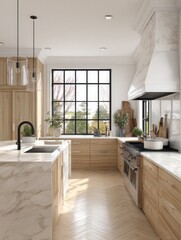 A kitchen with a large window and a sink