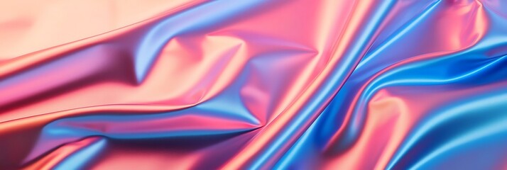 A silky fabric with smooth, flowing folds in glossy pink and blue gradient lighting creates a vibrant and elegant abstract texture.