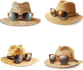 A Straw Hat And Oversized Tortoiseshell Sunglasses Resting vector style on white background