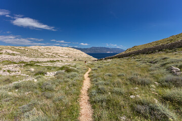 Panorama of the bay with the Vela Luka beach below, view of the beach from the top of the mountain, rocky trail leading to the picturesque beach

