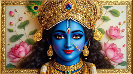 A traditional Indian painting of Lord Krishna’s face in the Pichwai art style, featuring a rich royal blue complexion and adorned 