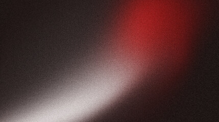 Red and white abstract gradient shape on black grainy background with blur and noise texture effect...