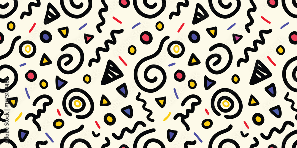Poster doodle seamless pattern. black hand drawn abstract shapes and colorful dots vector background. fun r