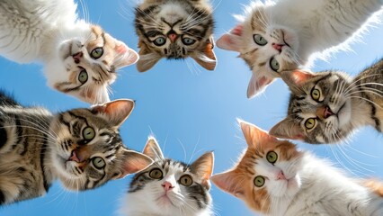 A group of seven adorable cats with various fur colors and patterns are arranged in a circle, looking up at the camera against a bright blue sky.