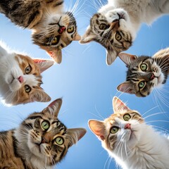 Six curious cats with diverse fur patterns and colors are captured in a low-angle shot, forming a circle with their heads looking directly down into the camera against a vibrant blue sky.
