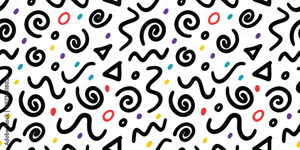 Poster minimalist doodle seamless pattern. abstract black line art with colorful dots vector background. si
