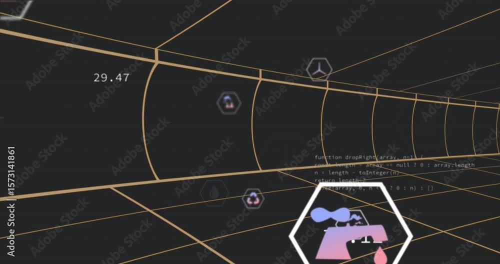 Poster camera moving in yellow grid tunnel, hexagon icons floating, numeric overlays showing eco data