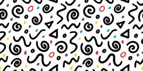 Minimalist doodle seamless pattern. Abstract black line art with colorful dots vector background. Simple hand drawn print for stationery, fabric, wallpaper, and modern graphic design projects.
