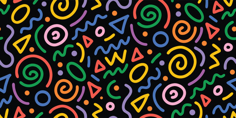 Memphis style seamless pattern. Abstract retro 80s 90s geometric shapes and lines vector background. Bold colorful pop art print for fashion, fabric, wallpaper, and branding design projects.