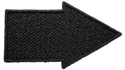 A simple black fabric arrow patch is isolated on a transparent background