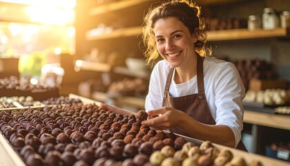 Woman Selecting Chocolate Truffle in a Bright Confectionery