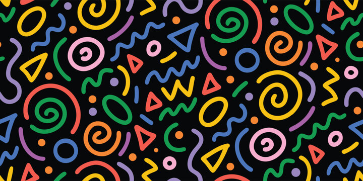 Fototapeta Memphis style seamless pattern. Abstract retro 80s 90s geometric shapes and lines vector background. Bold colorful pop art print for fashion, fabric, wallpaper, and branding design projects.