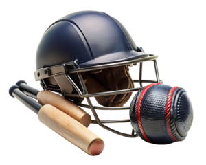 black cricket helmet, cricket bat and cricket ball  isolated on white background , PNG