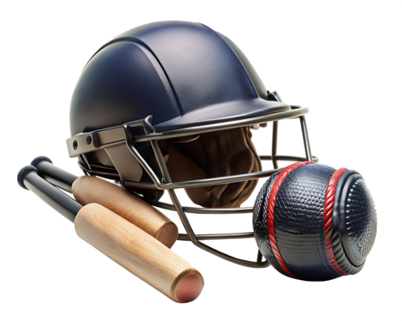 black cricket helmet, cricket bat and cricket ball  isolated on white background , PNG