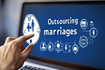 Hand touching a digital graphic displaying "Outsourcing marriages" on a laptop screen.  Family icon, related icons, and a network of connecting lines