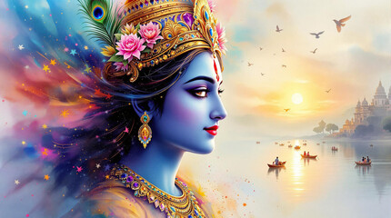 a dreamy watercolor painting of Lord Krishna in a side profile, blending realism and fantasy. 