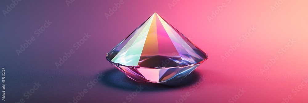Poster a multi-faceted, transparent crystal shaped like a diamond rests on a smooth surface with a gradient