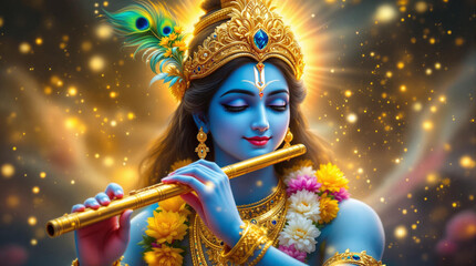 This stunning artwork captures Lord Krishna in a moment of divine musical serenity, playing his golden flute with eyes closed in blissful expression. His radiant blue form is adorned 