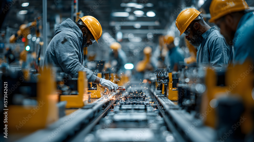 Poster factory assembly cell with collaborative robots handing over parts to human workers, surrounded by s