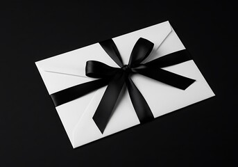 Elegant white envelope with black ribbon on black background  