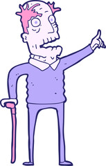 cartoon old man with walking stick in bright neon color