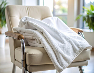 A close-up of a warm, comforting blanket draped over a generic medical armchair, signaling a patient-centered approach.