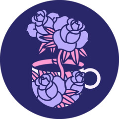 iconic tattoo style image of a cup and flowers in bright neon color