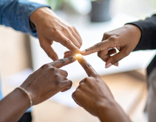 A close-up of diverse generic hands gently pressing a "satisfaction" button on a clean, simple rating device.