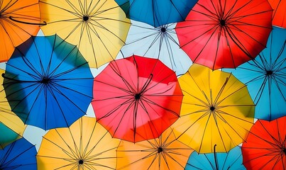 A stunning street view shot of hundreds of rainbow-colored umbrellas suspended in the air, creating a canopy of vibrant hues against a blue sky. 