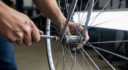 Close-up of Bicycle Wheel Repair with Wrench, Silver Spokes, and Mechanic's Hands