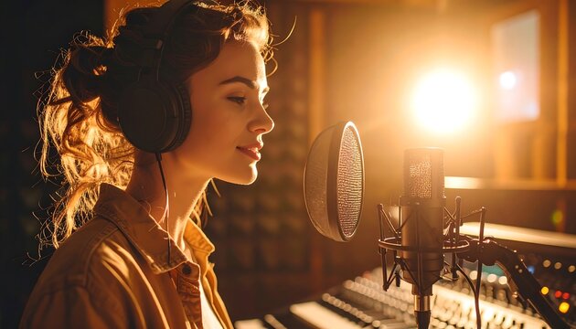 Woman Singing Into Microphone in Studio with Headphones - Powered by Adobe