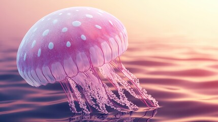 Pink jellyfish floats in ocean sunset, underwater background