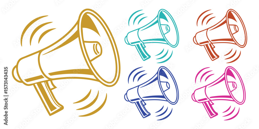 Poster set of colorful line art megaphone icons with sound waves. announce and communication symbol vector 