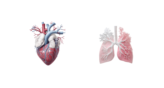 Detailed medical diagram of human heart and lungs with vessels and bronchial structures