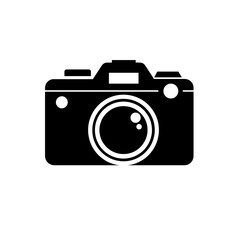 Illustration of a photographic camera with lens and viewfinder in a solid fill style graphic representation