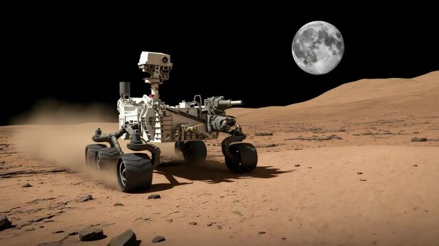 Mars Rover Exploring Martian Surface at Night Under Full Moon