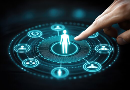Hand interacting with a glowing, circular interface displaying a central figure surrounded by connected icons, suggesting user or personnel management