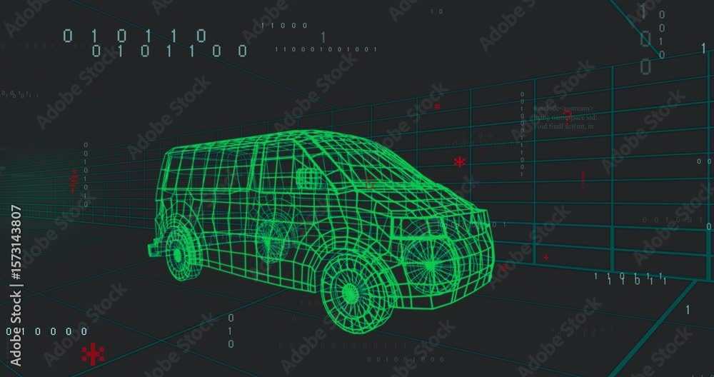 Poster bright green wireframe van emerging on dark grid, binary code streams swirling to visualize model