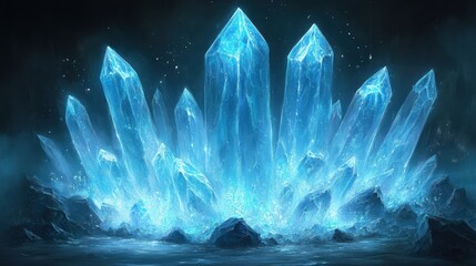 Glowing blue crystals cluster, dark background, fantasy scene, game asset