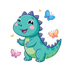 Fototapeta premium kawaii dinosaur playing with butterflies and smiling