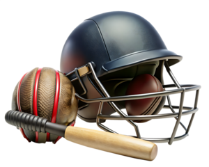 black cricket helmet, cricket bat and cricket ball  isolated on white background , PNG