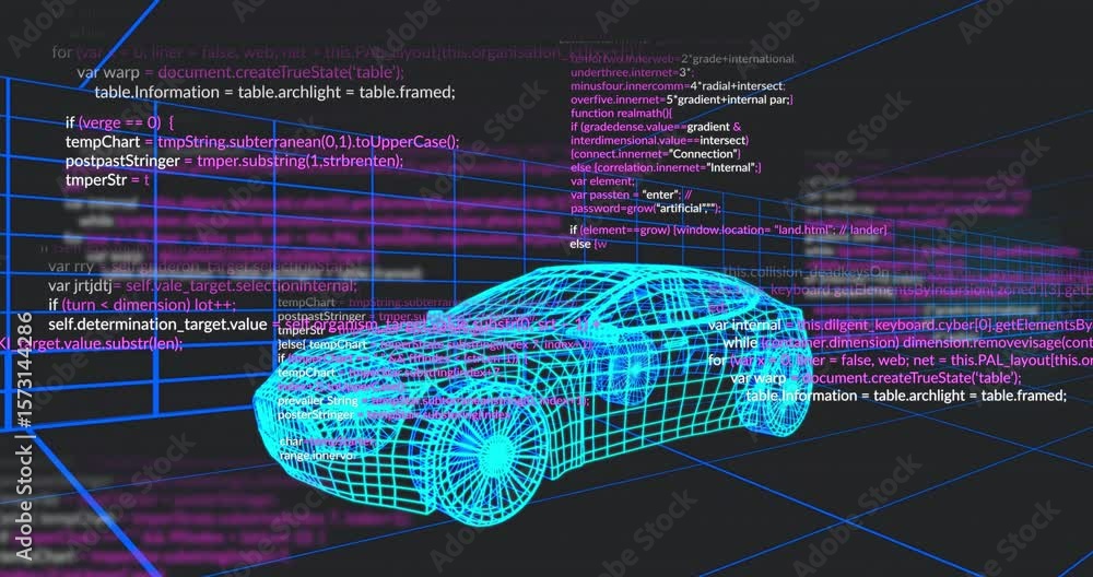 Poster neon-blue wireframe car entering grid tunnel causing pink white code streaming showing code merging